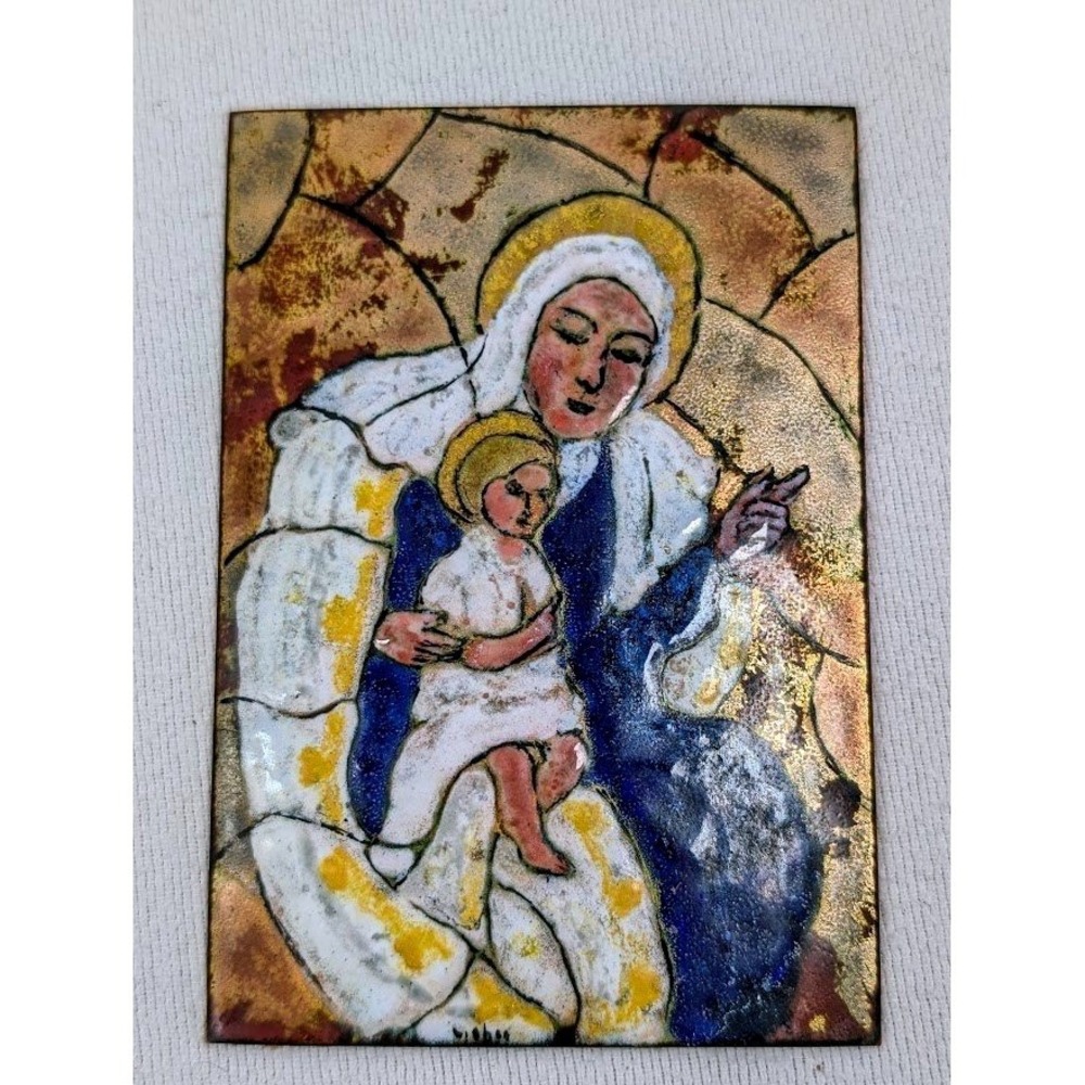 Miniature Enamel on Copper Jesus Virgin Mary Painting 5.5x3.5" Signed‎ Original